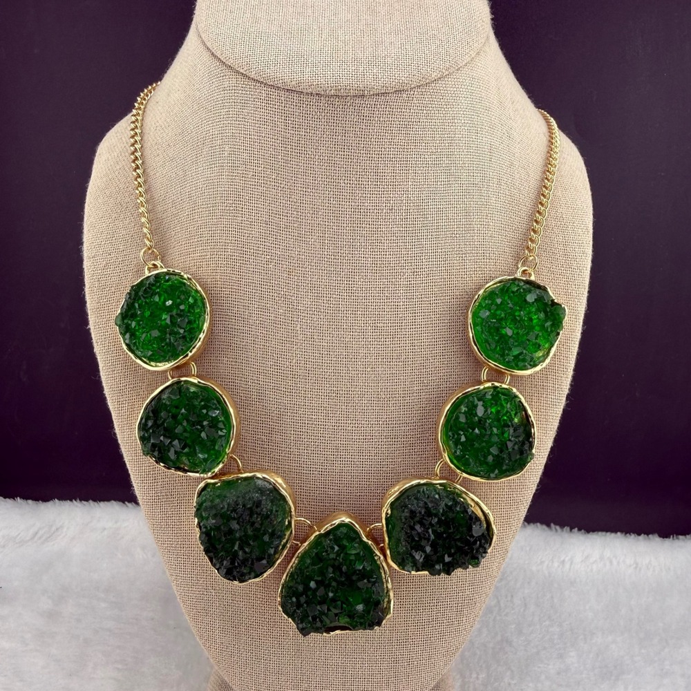 Jane Stone Statement Bib Necklace‎ Green Gold Druzy Style 20in